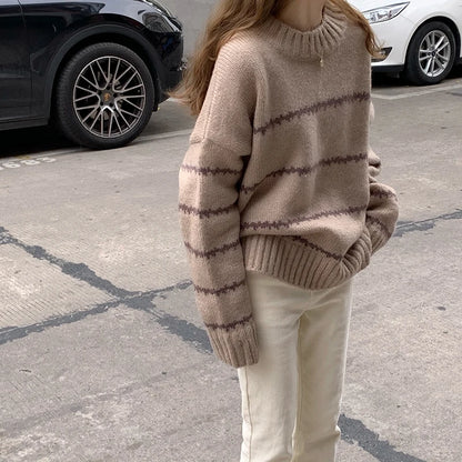 Herbst Winter Gestreiften Pullover Pullover Frauen Gestrickte Shirts Lange Hülse Lose Mock Neck Outwear Casual Pullover Tops Strickwaren