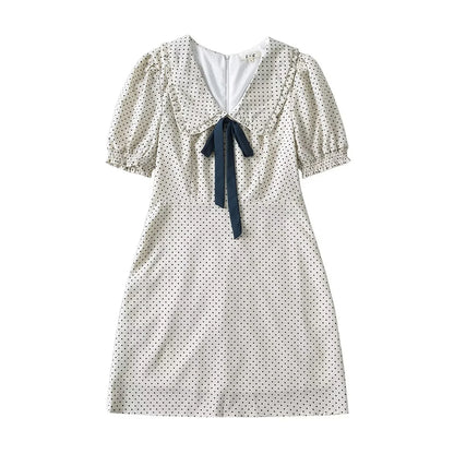 Luxus-Kleider für Damen, 2022, Sommer, kurzes Kleid, sexy, französisches Minikleid, kurzes Puffärmel-Minikleid mit Schleifendetail, Punktedruck