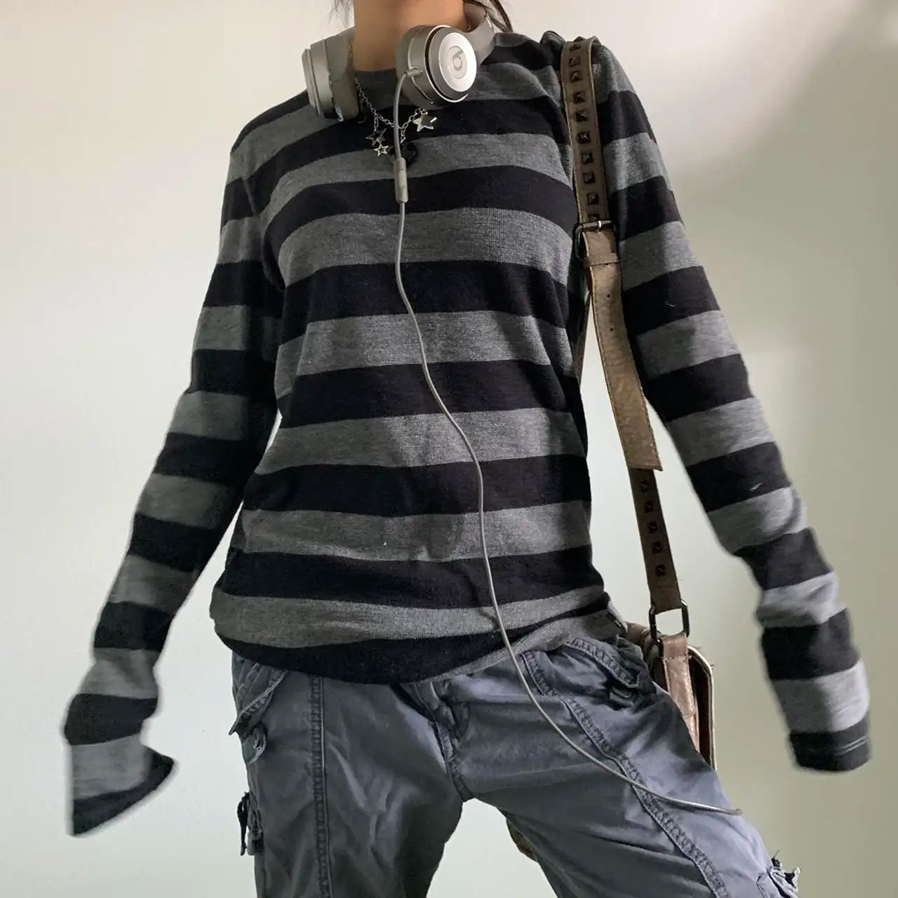 Women Fairy Grunge Knit Basic Shirt Autumn Y2K Grey Black Striped Long Sleeve Round Neck Tops Emo Tee.
