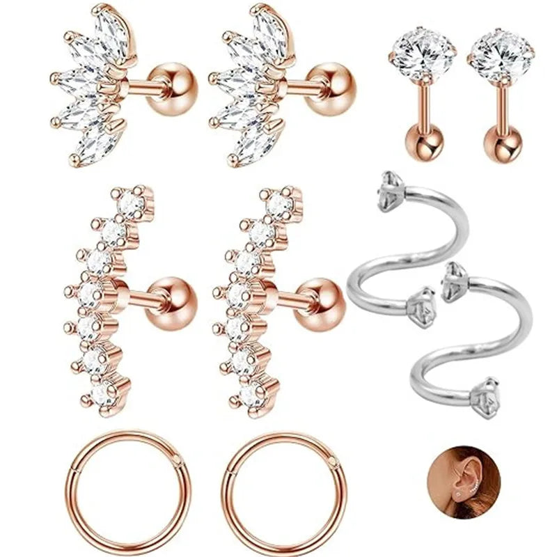 Cyrstal Tragus Stud Earrings Set Cluster Helix Piercing Stud Bulk Cartilage Huggie Earring Hoops Ear Lobe Hoops Circle Jewelry