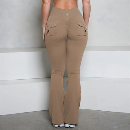Allure The Brand Pocket Flare Scrunch Butt Pants ATB Women Tight-Fit Sexy Slim High Waist Pants Push Up Fitness Flare Leggings