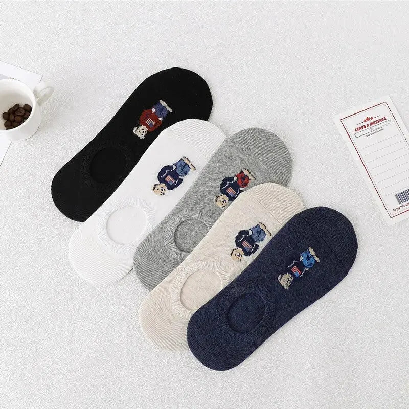 5 Pairs of Super Cute Bear Embroidered Cartoon Bear Boat Socks, Soft and Comfortable, Sweat Wicking and Versatile Short Socks.