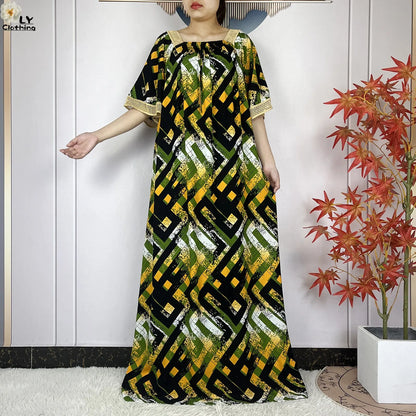 New Muslim Dress Woman Short Sleeve Dashiki African Abaya Tie-dyed Printing Cotton Loose Femme Robe Islamic Dresses With Scarf.