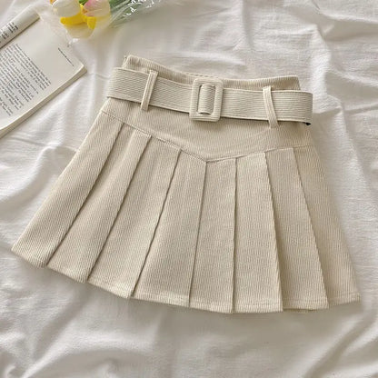Pleated Mini Skirts Women Japan Students Corduroy Preppy Style Autumn Winter Basic Solid Bottoms Chic Vintage JK Slim All-match