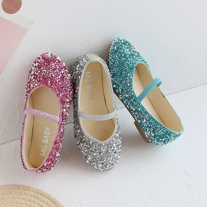 2025 Spring 1 to 12 years old girls dress shoes Beauty Pointed Toe Teen Girl Leather Shoes Bling Princess Wedding Shoes.