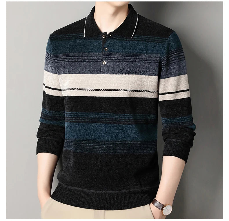 Men's Lapel Knit Pullover Sweater Autumn Winter Thick Warm Tops Casual Polo Collar T-shirt Knitting Polo Sweaters.