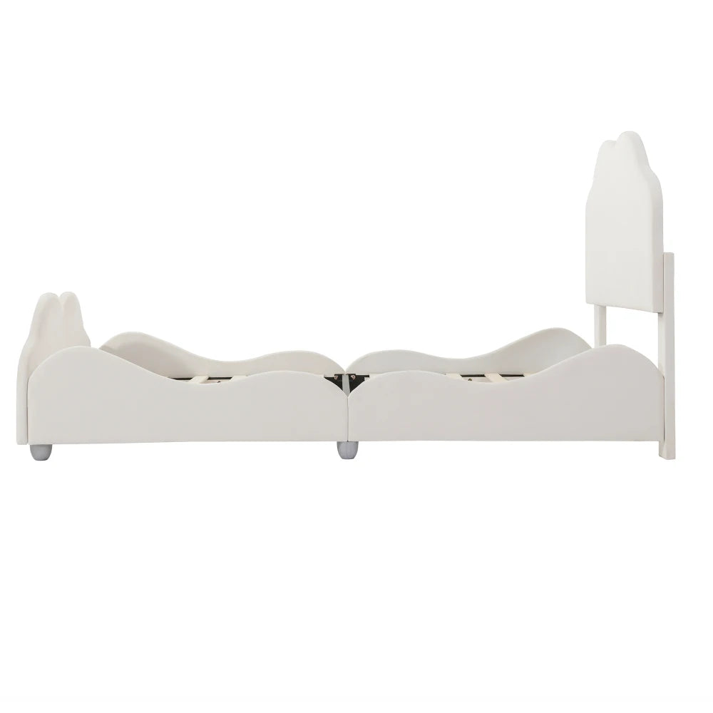 Kinderbett 90 x 200 cm hohes Geländer, Kinderbettgestell mit wolkenförmigem Kopf und Fußteil, Bett aus hautfreundlichem Samt