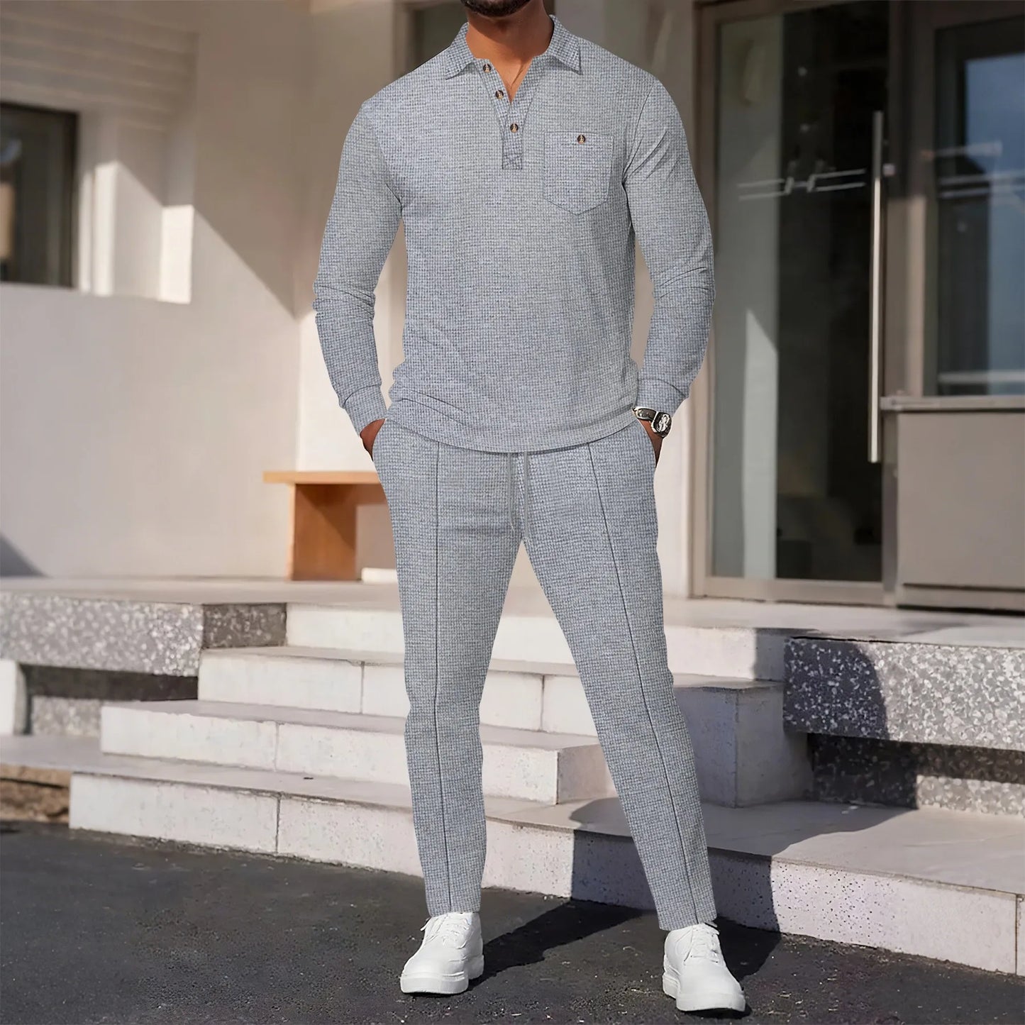 2025 Autumn New Style Waffle Pure Color Collar Pocket Long Sleeve Long Pants Casual Set.