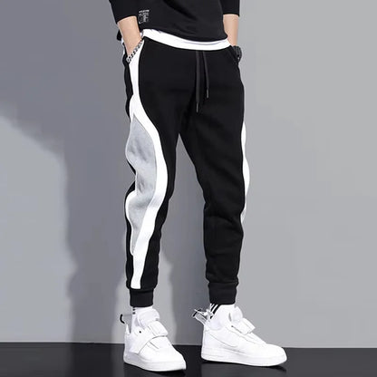 Autumn Men's Wide Loose Casual Pants Mens Patchwork Nine-point Sports  Elastic Rope Breathable Tie-foot Trousers.