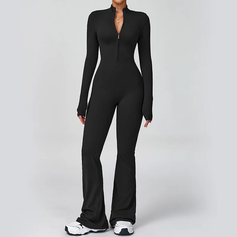 Women's One-piece Yoga Jumpsuit Long Sleeve Zipper Slim Fit Sports Outfit Flare Tights Quick-drying Hip Lift Gym Fitness Clothes.