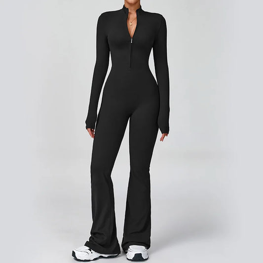 Women's One-piece Yoga Jumpsuit Long Sleeve Zipper Slim Fit Sports Outfit Flare Tights Quick-drying Hip Lift Gym Fitness Clothes.