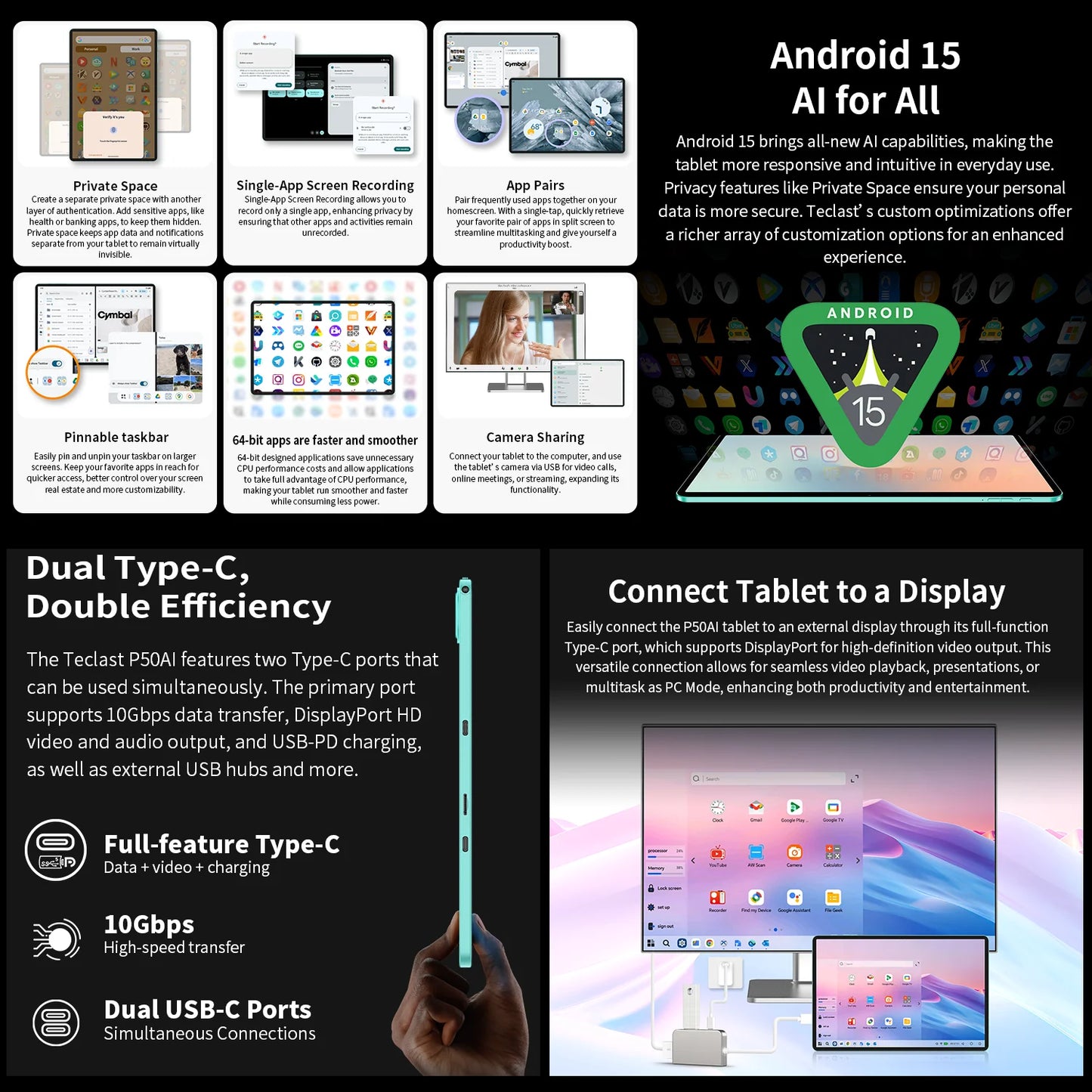 【New】 Android 15 Tablet Teclast P50AI 11 inch Screen 90Hz AllWinner A733-AI Octa-Core (6GB + 10GB )Max.16GBGB RAM 128GB LPDDR5 Wifi-6 7000mAh AI Tablet PC.