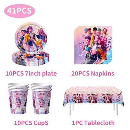 Neue Kpop Dämon Hunter Geburtstag Party Dekoration Geschirr Set Mädchen Luftballons Kuchen Topper Hintergrund Taschen Kinder Party Favor Supplies