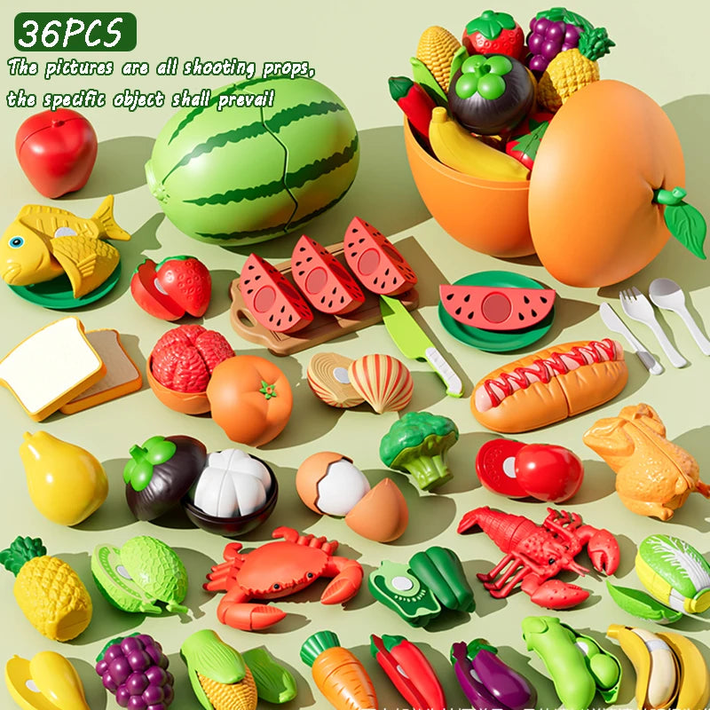 Kid Pretend Play Kitchen Toy Set Simulation Cut Fruit Vegetables Sensory Game Make Pizza Food Cook Girl Interactive Education To