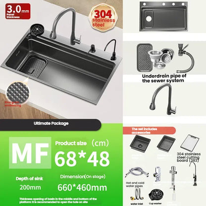 Stainless Steel Kitchen Sink Gray Household Large Single Slot Wash Vegetables and Dish Basin Multifunctional Dish Basin Sink