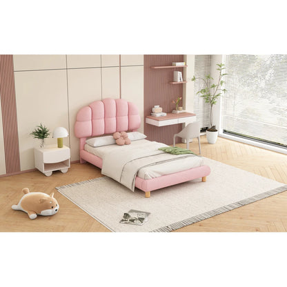 Modernes 90x200cm Einzelbett, Kinderbett, Jugendbett, Polsterbett, Holzgittergrill, Fleeceimitation, Weiß und Rosa