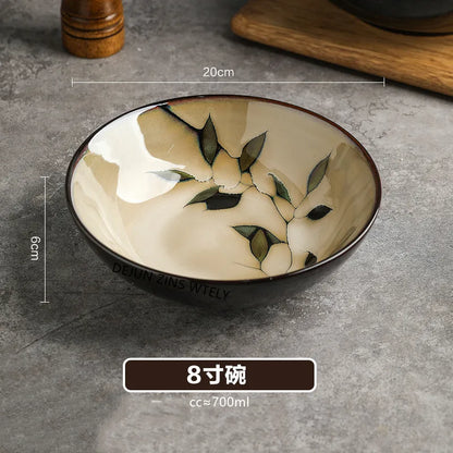1Pc Vintage Bamboo Leaf Ceramic Bowl Salad Plate Exquisite Ceramic Cutlery Household Noodle Bowl Western Steak Cake Sushi Plate