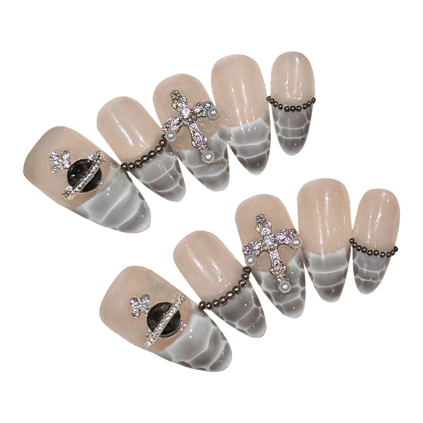 10pcs Handmade Almond False Nails Black White Alligator Print French Style Press On Nail Diamond Cross Design Wearable Fake Nail.