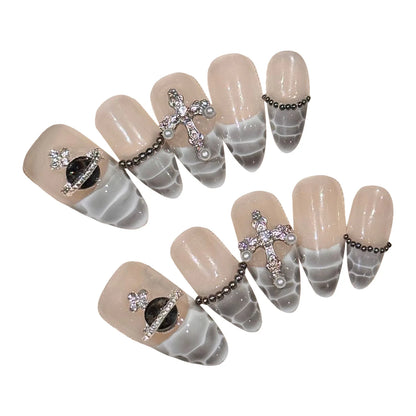 10pcs Handmade Almond False Nails Black White Alligator Print French Style Press On Nail Diamond Cross Design Wearable Fake Nail.