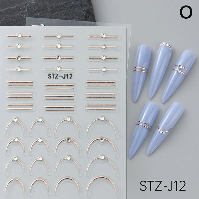 French Tips Nail Sticker 5D Embossed Crystal French Nail Decals Gold Silver Black Line Design Adhesive Slider Nails Art