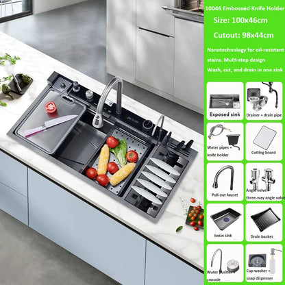 Large Single-Basin Digital Intelligent Sinks Water Bowl Stand 100x46cm Thickened Stainless Steel for Multi-Functional Kitchen