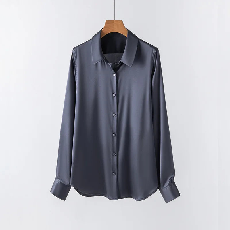Woman Silk Shirt Long-sleeved Satin Women Blouse 19mm Mulberry Silk Blouse Loose Versatile Base Shirt 95% Natural Silk+5%Spandex