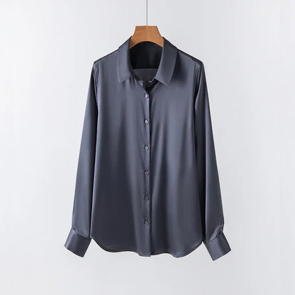 Woman Silk Shirt Long-sleeved Satin Women Blouse 19mm Mulberry Silk Blouse Loose Versatile Base Shirt 95% Natural Silk+5%Spandex