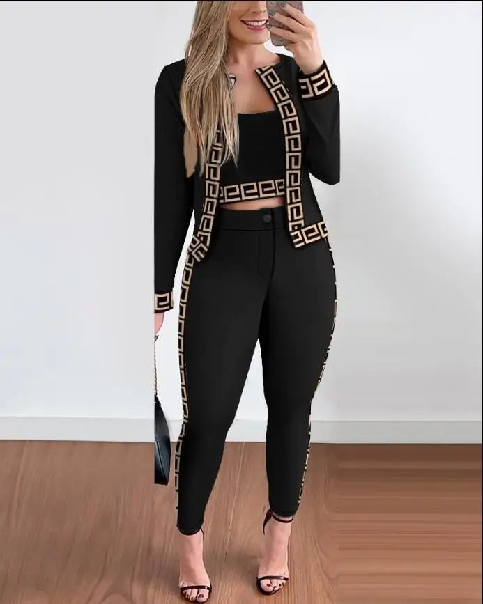 Trend Print Pants Sets Women Fashion Long Sleeve Coat Camisole Slim Trousers Three Piece Set Female Spring Autumn New Streetwear.