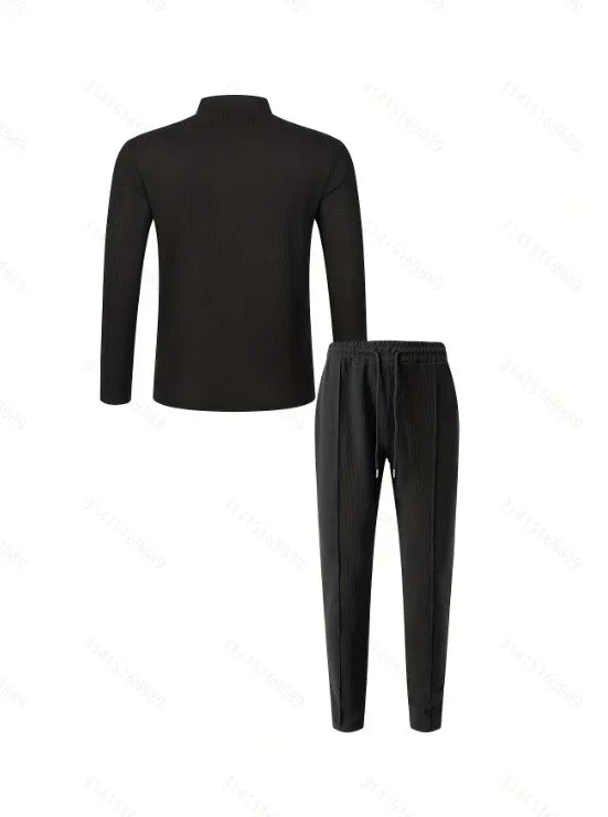 Men's Waffle Check Stand-Up Collar Semi-Casual Business Suit Two-Piece Set Button-Down Top with Comfortable Trousers.