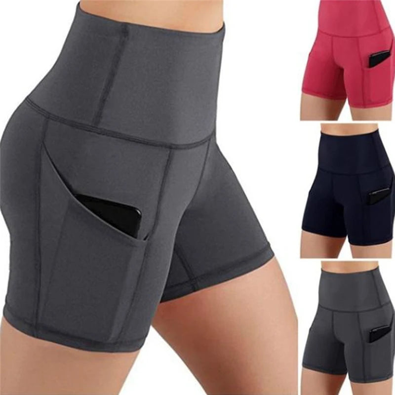 Women gym shorts High Waist Lifting Push Up Tight Yoga Cycling biker shorts Phone Pocket Jogging Running Fitness Short Pant lady