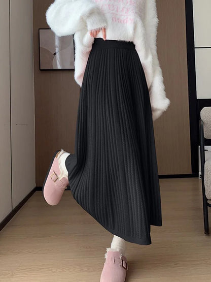 Sweet Vintage Knitted Long Skirts Women Preppy Style High Waist Loose A Line Skirts Fall Winter Retro Simple Elegant Long Skirts