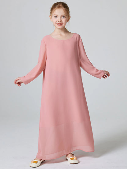 Ramadan Muslim Girls Long Sleeve Chiffon Kids Abaya 2PCS Dress Kebaya Casual Dresses For Party Ramadan Gift (Without Hijab).