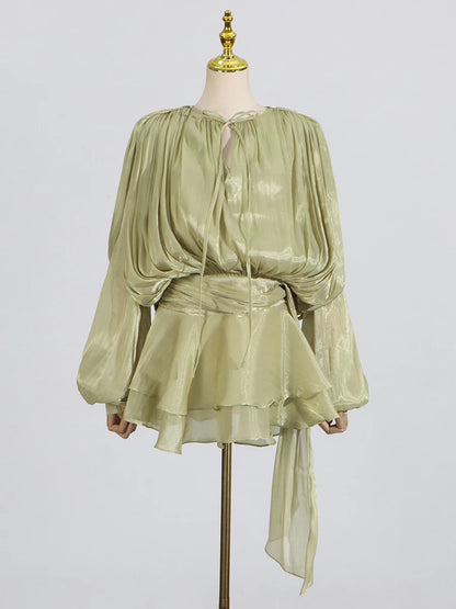 GALCAUR Solide Lose Splicd Lace Up Kleider Für Frauen V-ausschnitt Mit Langen Ärmeln Patchwork Rüschen Tunika Kleider Weibliche Mode Neue