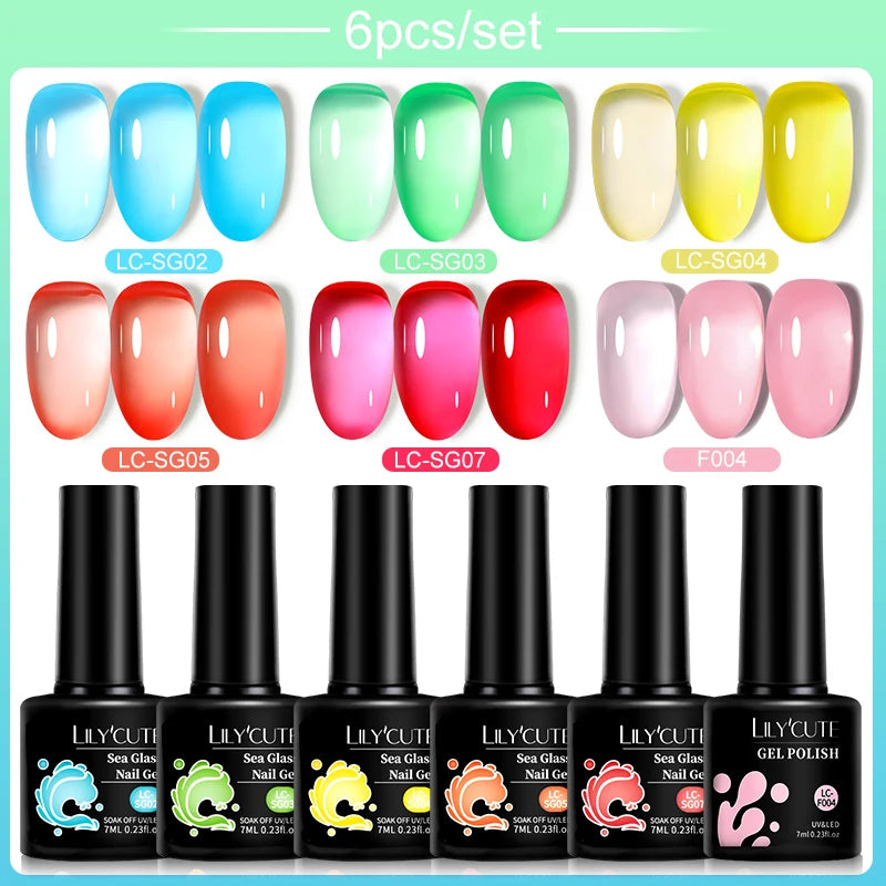LILYCUTE 6Pcs 7ML Jelly Glass Gel Nail Polish Set Sea Blue Varnish Semi-transparent Nail Art Semi Permanent UV Gel Varnish.