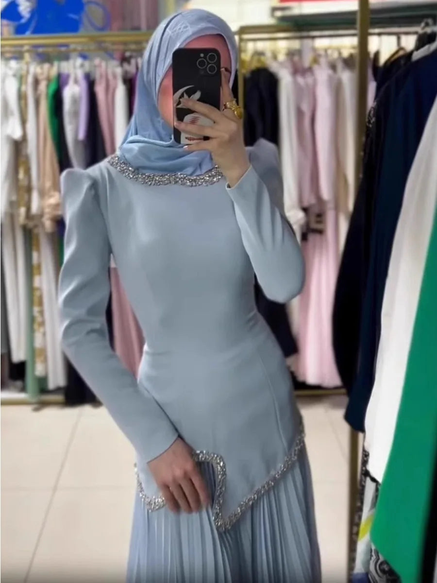 Eid Women Dress Muslim Abaya Pleated Shirt Skirt 2 Piece Set Diamond Party Ramadan Long Dresses Vestidos Largos Arab Long Robe.