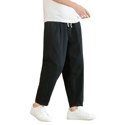 New Cotton Linen Mens Pants Casual Solid Color Breathable Streetwear Loose Straight Drawstring Baggy Lightweight Sport Pants.