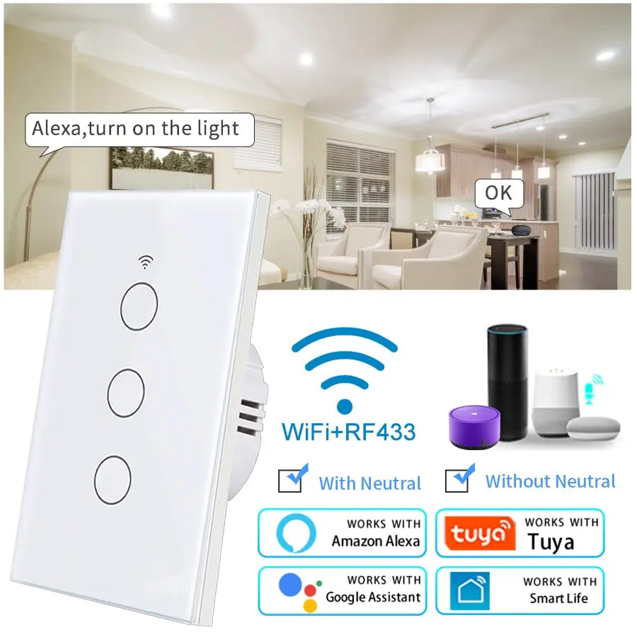 Tuya WiFi Smart Licht Schalter UNS Standard Arbeit Mit Alexa Google Home Wand Touch Schalter 110 V 220 V RF433Mhz Fernbedienung 1 2 3 4 Gang.