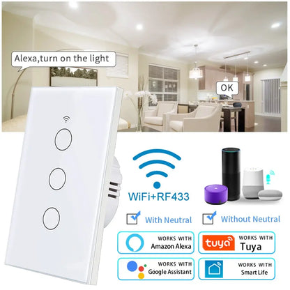 Tuya WiFi Smart Licht Schalter UNS Standard Arbeit Mit Alexa Google Home Wand Touch Schalter 110 V 220 V RF433Mhz Fernbedienung 1 2 3 4 Gang.