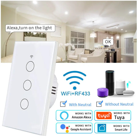Tuya WiFi Smart Licht Schalter UNS Standard Arbeit Mit Alexa Google Home Wand Touch Schalter 110 V 220 V RF433Mhz Fernbedienung 1 2 3 4 Gang.