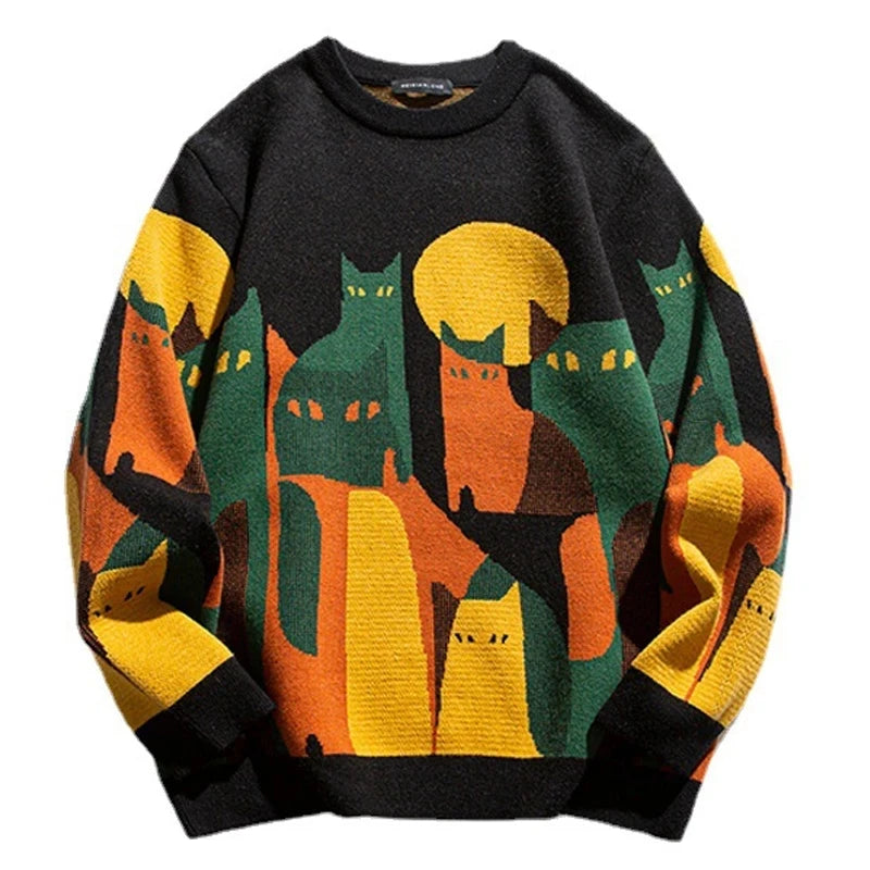 2023 Autumn Knitted Sweater Men Women Winter Harajuku Cartoon Full Cat Print Pullover Vintage Causal Loose Sweaters Streetwear.
