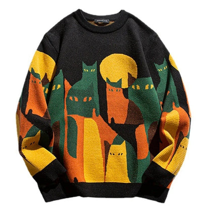 2023 Autumn Knitted Sweater Men Women Winter Harajuku Cartoon Full Cat Print Pullover Vintage Causal Loose Sweaters Streetwear.