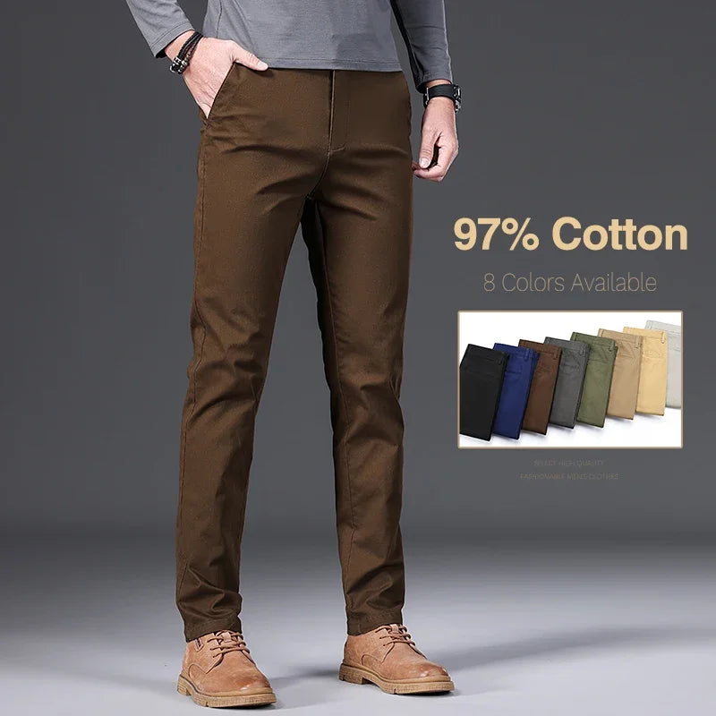 97% Cotton Men's Casual Pants Autumn Fashion Comfortable Elastic Slim Straight Business Trousers Black ArmyGreen Khaki.