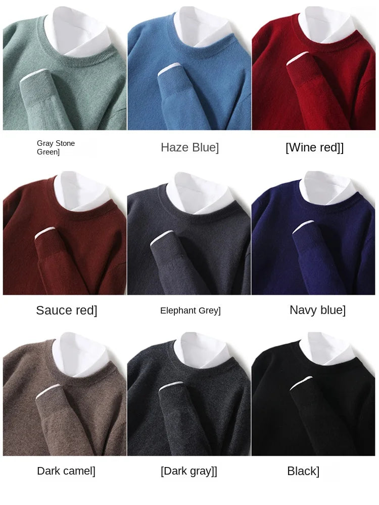 2025 100% Pure Merino Wool Men's Round Neck Pullover Solid Color Plus Size Casual Sweater Autumn And Winter Sports Cashmere Top.