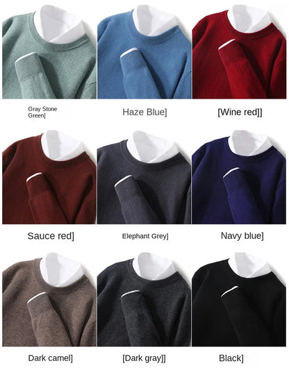 2025 100% Pure Merino Wool Men's Round Neck Pullover Solid Color Plus Size Casual Sweater Autumn And Winter Sports Cashmere Top.