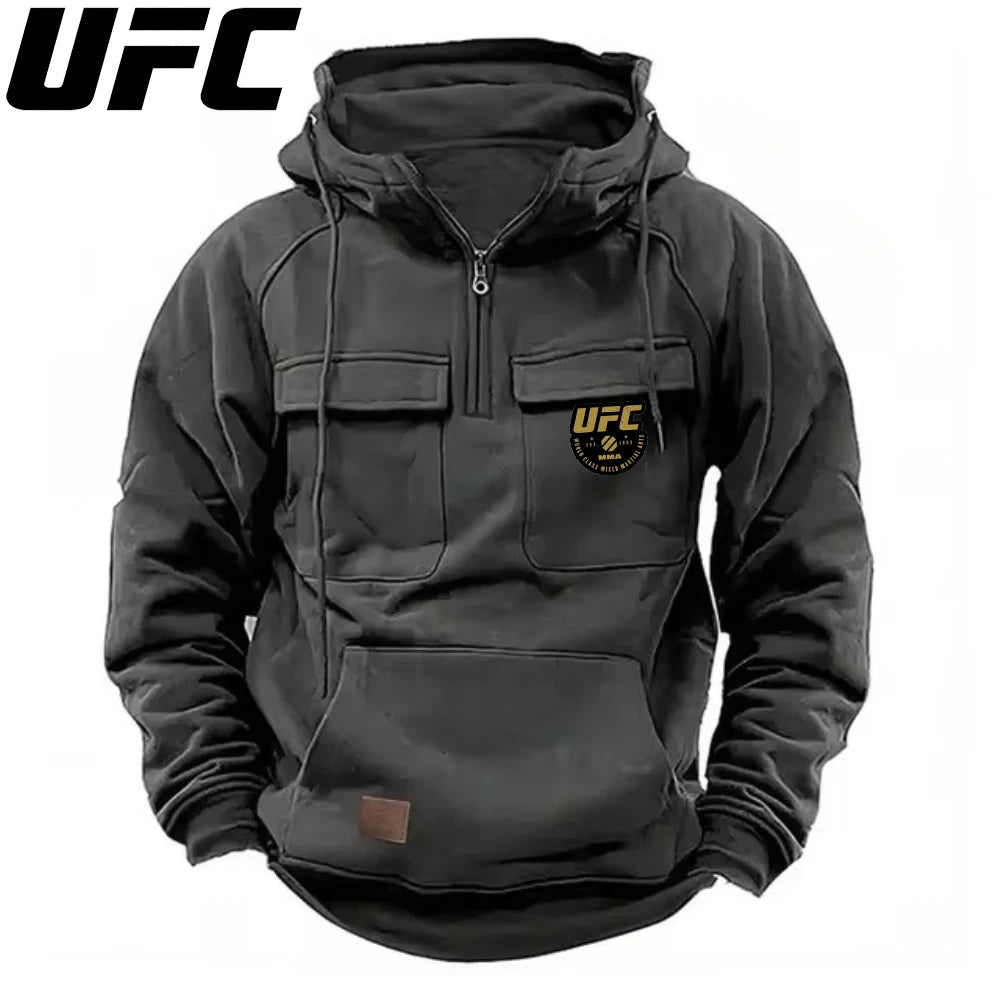 UFC Autumn Winter Men's Hooded Solid Hoodies Sweatshirts Sports Outdoor Casual Hoodie Coat Jackets Multi Pockets Male Zipper.