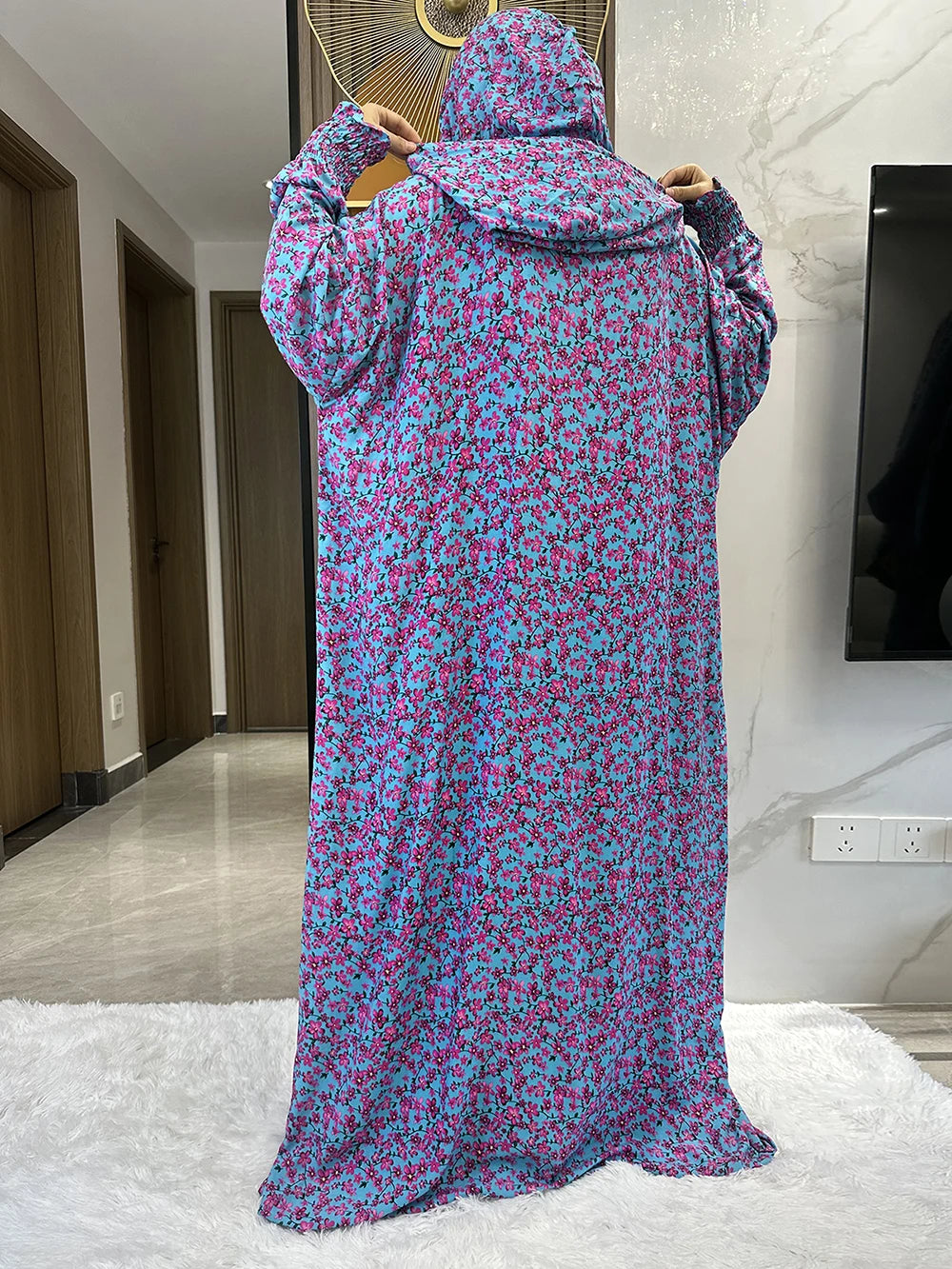 New Ramadan Muslim Two Hats Abaya Dubai Turkey Islam Prayer Clothes Floral Cotton Long Dress Islam Women Dress Kaftan.
