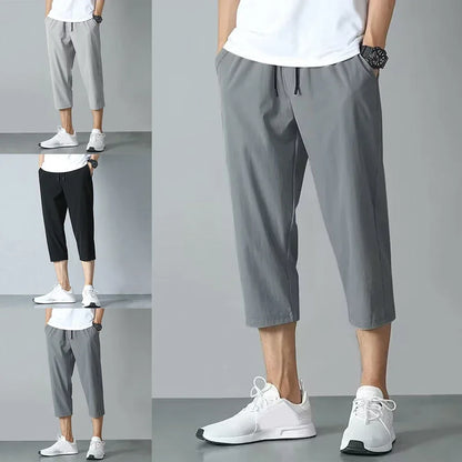 2025 New Summer Men's Ice Silk Pants Hong Kong Style Trendy Loose-Fit Straight-Leg Cropped Pants Korean Version Casual Pants.