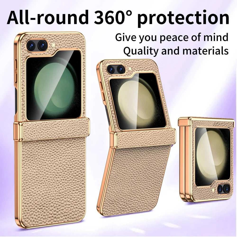 Cowhide Leather Phone Case for Samsung Galaxy Z Flip7 Flip6 Flip5 Flip 7 6 5 Luxury Hinge Protection Cover with Tempered Glass.