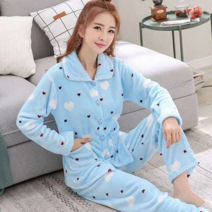 New Women's Autumn and Winter Warm Pyjamas Homewear Suit Coral Velvet Pajamas Girls Padded Thickened Sweet Flannel Homewear.