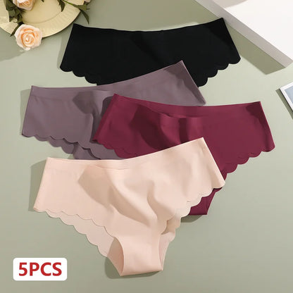 5PCS/Set Seamless Ruffle Waist Underwear for Women Sexy Ice Silk Breathable Panties Female Low Rise Stretchy Briefs Lingeries.